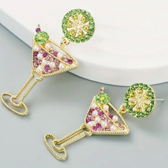 Martini Cocktail Rhinestone Earrings - Greens & Pinks - Gold Plated - NEW - Picture 1 of 3